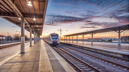 Obraz premium Quiet Train Station at Dawn with First Train Arriving
