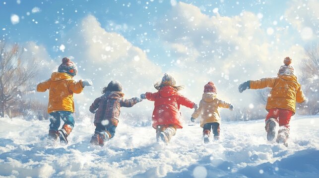 Group of children playing on snow in winter time, Created using generative AI tools.