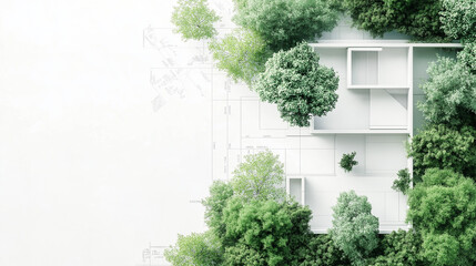 Blueprints surrounded by greenery symbolize eco-friendly construction and sustainable building practices.