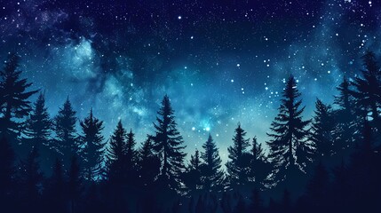 Naklejka premium Forest at night with a starry sky, night forest landscape