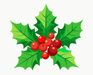 Christmas Holly with Red Berries and Green Leaves, Evergreen Pine Needles, Isolated on a White Background