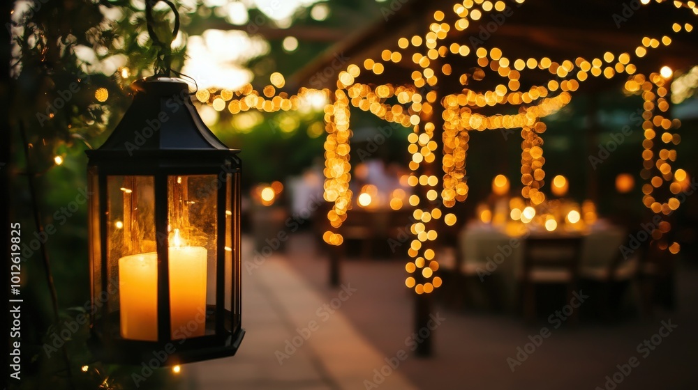Poster elegant outdoor lighting with soft bokeh effects, creating a magical and enchanting atmosphere for a
