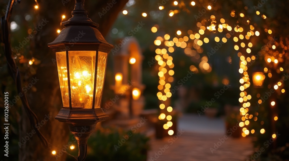 Poster elegant outdoor lighting with soft bokeh effects, creating a magical and enchanting atmosphere for a
