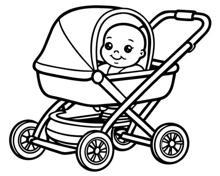 recommend clip art: Newborn Baby Modern Stroller Line Art Vector Illustration for Baby Care Product