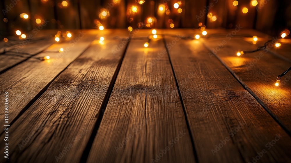 Aufkleber empty wooden table illuminated by soft christmas lights, creating a charming and festive backdrop
