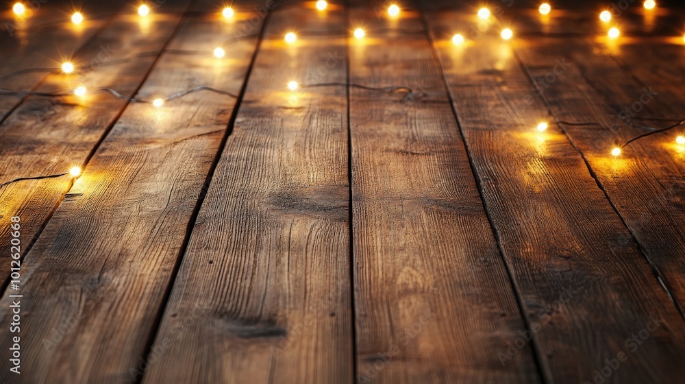 Poster empty wooden table illuminated by soft christmas lights, creating a charming and festive backdrop