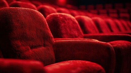 Obraz premium Panoramic 3D of red velvet seats in a cinema setting, perfect alignment, ample background space for promotional content, theater atmosphere.
