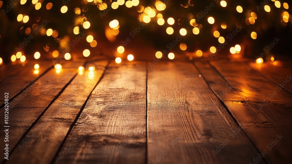 Poster empty wooden table illuminated by soft christmas lights, creating a charming and festive backdrop