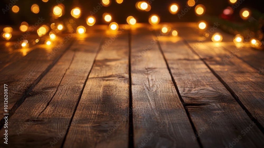 Poster empty wooden table illuminated by soft christmas lights, creating a charming and festive backdrop