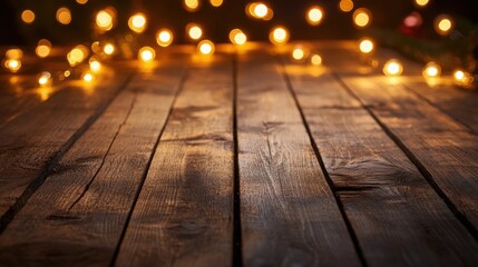 Empty wooden table illuminated by soft Christmas lights, creating a charming and festive backdrop