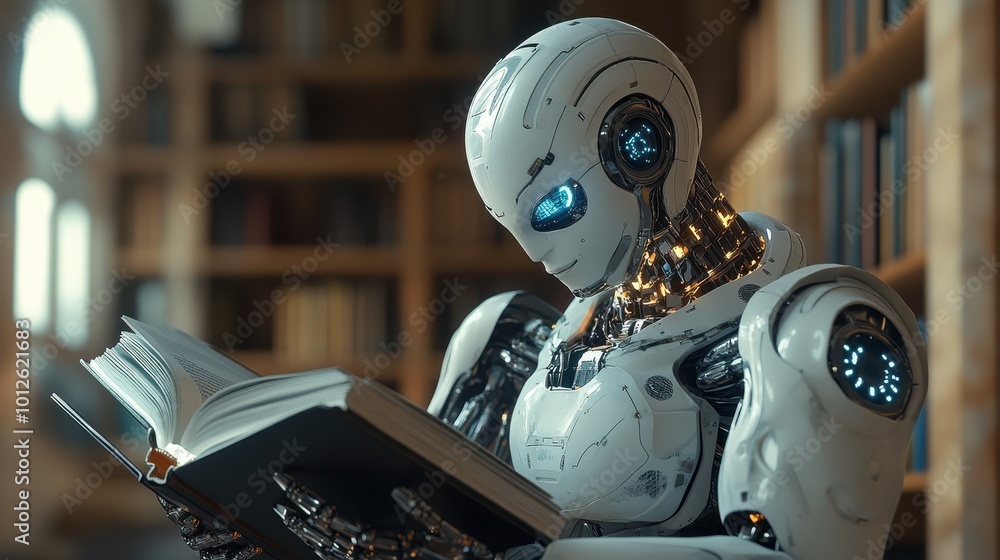 Poster ai generated illustrution humanoid robot with artificial intelligence reading a book