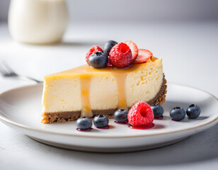 A cheesecake with raspberries and a fork on a plate