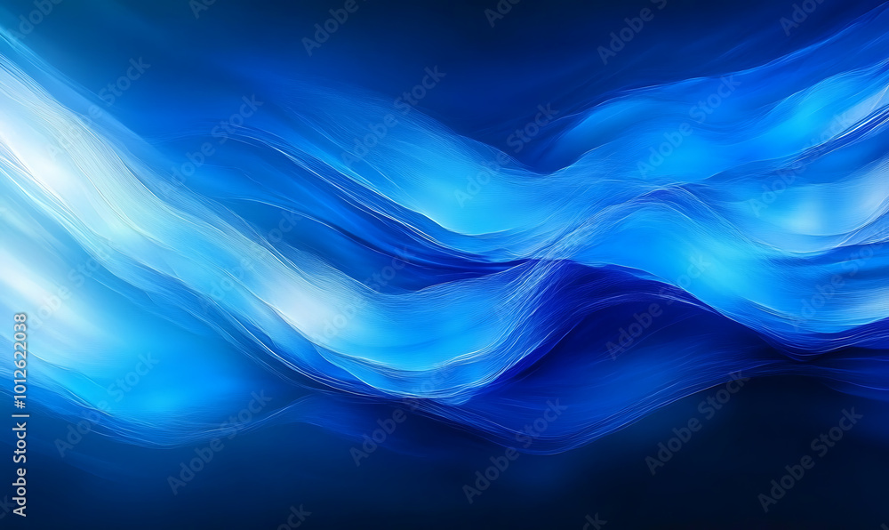Poster the image features a dynamic flow of abstract blue waves with glowing light effects, creating a sens