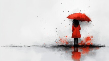 A zoomed-out minimal cartoon of a child in a red raincoat holding an umbrella, standing in the rain with a few puddles and soft splashes on a white background 