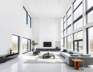 Fototapeta premium A living room with a lot of windows and a couch with pillows and a coffee table