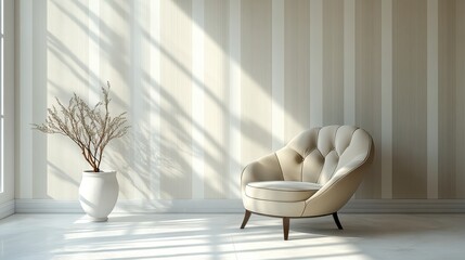 Elegant striped walls with a stylish chair in a modern living space at bright midday