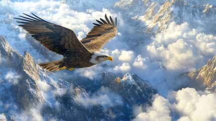 Fototapeta premium Majestic eagle flying through the clouds, detailed feathers and powerful wings