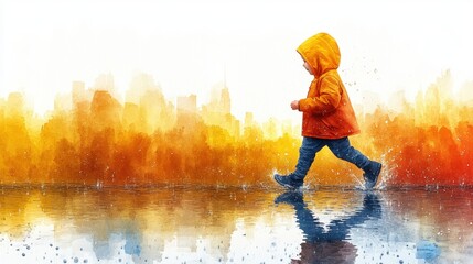 Fototapeta premium A zoomed-out minimal cartoon of a child running through the rain in a flowing raincoat, with large puddles and raindrops in watercolor on a white background 