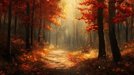 Enjoy a peaceful forest walk along an autumn path, with fiery fall colors creating a magical and calming atmosphere for a serene escape