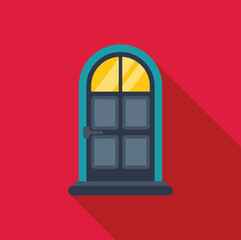 Arched door with a transom window is casting a long shadow on a red wall