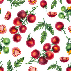 Watercolor vegetable pattern with tomatoes. Hand drawn tomatoes on white background. Watercolor seamless pattern with vegetables for food design, textile, fabric, menu, restaurants and more