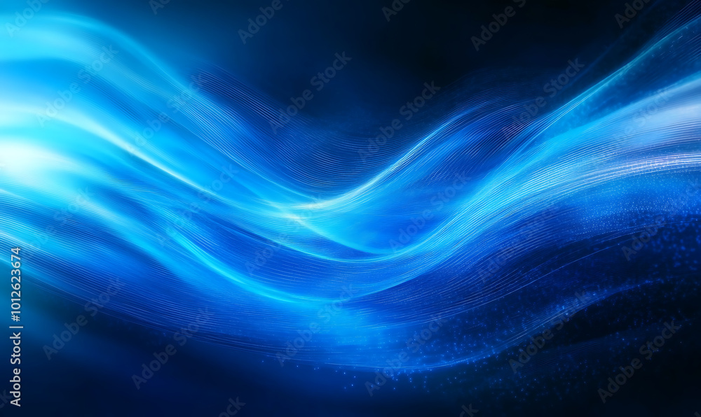 Poster the image features a dynamic flow of abstract blue waves with glowing light effects, creating a sens