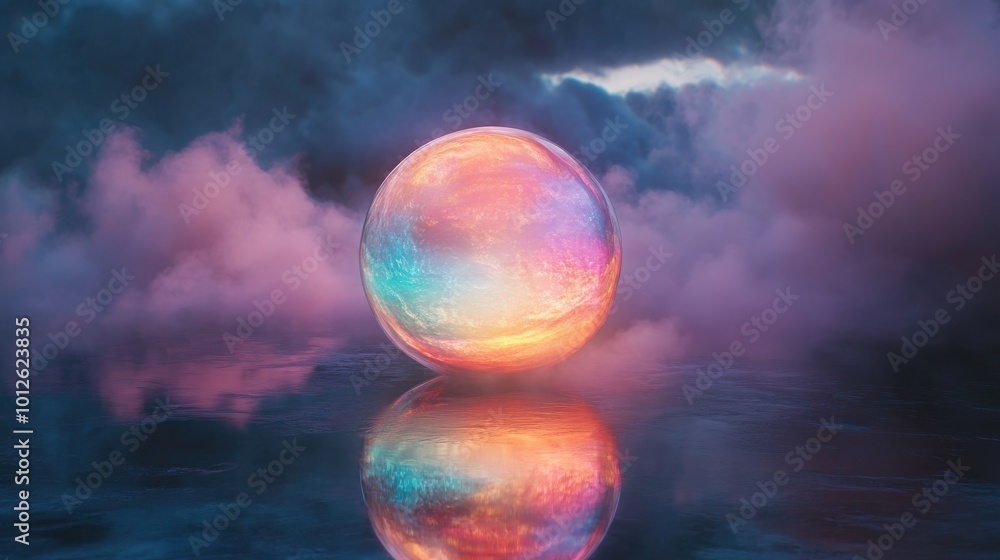 Poster ethereal glowing orb with a spectrum of iridescent colors, casting a gentle and mystical light. perf