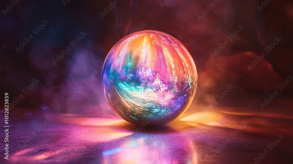 Poster ethereal glowing orb with a spectrum of iridescent colors, casting a gentle and mystical light. perf