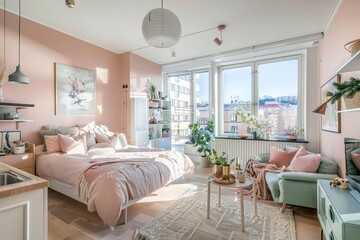 Modern house interior of a room with a window and bed