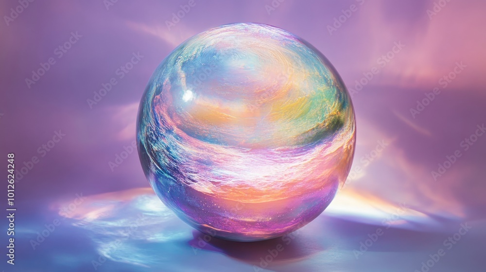 Poster ethereal orb with an iridescent glow, featuring a gentle play of colors and soft light. ideal for cr