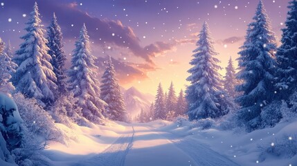 Naklejka premium Pine trees covered with snow on frosty evening. Beautiful winter panorama