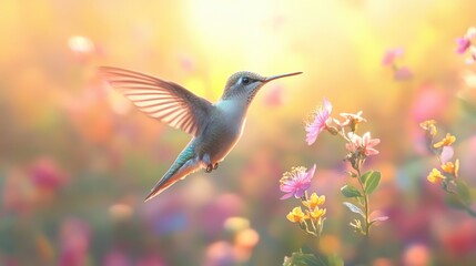 Naklejka premium Generative AI illustration of small hummingbird with colorful plumage flying near colorful blooming flowers on blurred background
