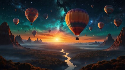 Obraz premium a sunset with hot air balloons flying over a river.