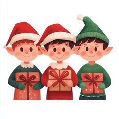 Cheerful Cartoon Elves with Christmas Presents