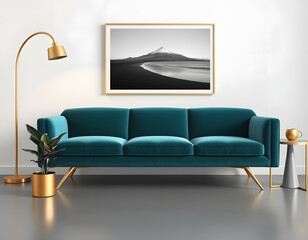 A blue couch with a gold lamp on it and a picture on the wall