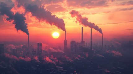 Fototapeta premium Sunrise over industrial complex with towering smokestacks