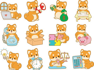Cute puppy kawaii dog lovely animal vector icon. Fluffy Shiba Inu pet stickers. Happy doggy activities illustrations.
