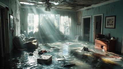 dramatic scene of a flooded home interior personal belongings float in murky water while sunlight streams through windows highlighting the aftermath of a natural disaster