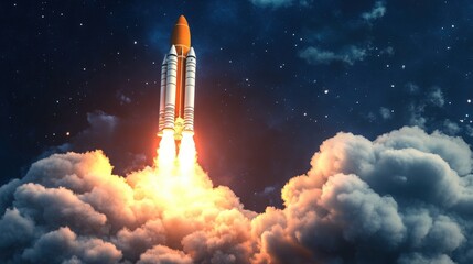 Realistic 3D render of a space rocket in mid-launch, showcasing the intense fiery exhaust and surrounding smoke as it ascends