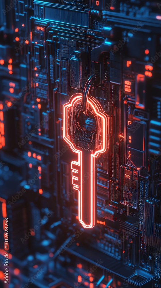 Poster futuristic key inserted into neon lit digital lock, symbolizing advanced security technology. vibran