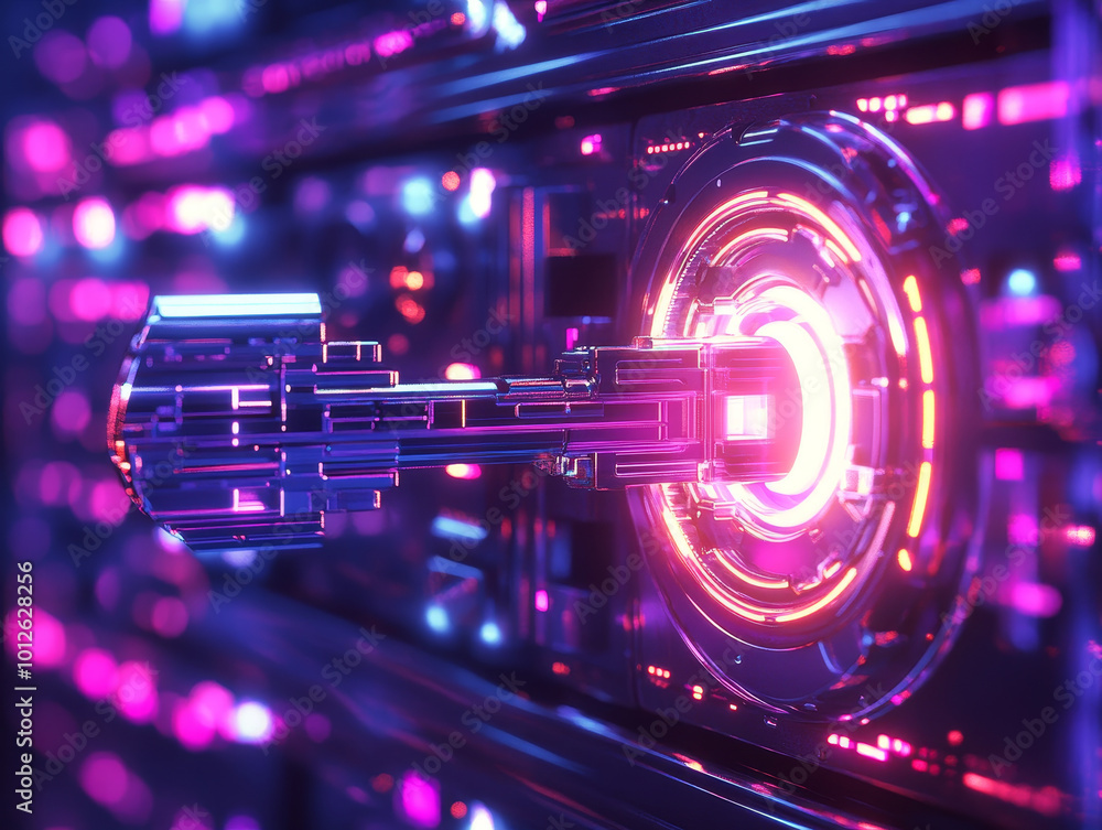 Poster futuristic technology key inserted into industrial data interface, glowing with vibrant neon colors.