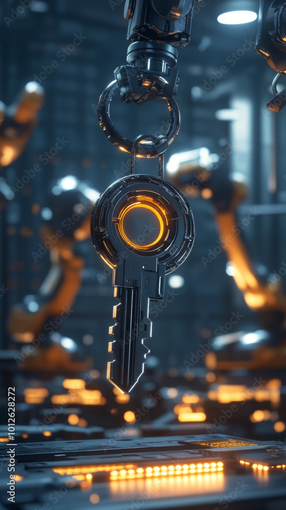 Poster macro shot of cybernetic key floating above control panel, showcasing intricate details and glowing 