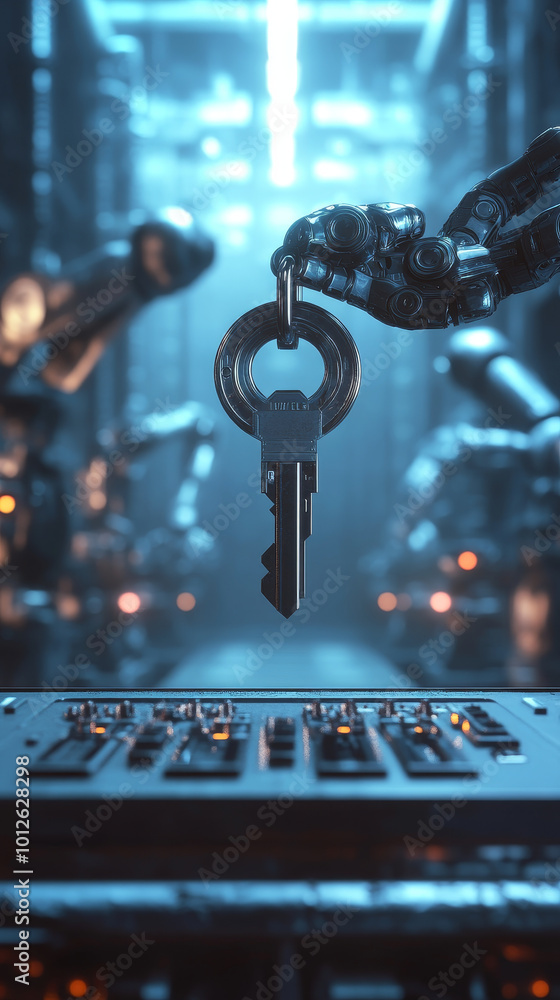 Poster macro shot of cybernetic key held by robotic hand above control panel, showcasing advanced technolog
