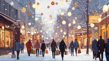 A snowy, festive winter scene in a charming city street, with twinkling string lights overhead, shoppers exploring the cozy stores, and a magical atmosphere of holiday cheer. - Powered by Adobe