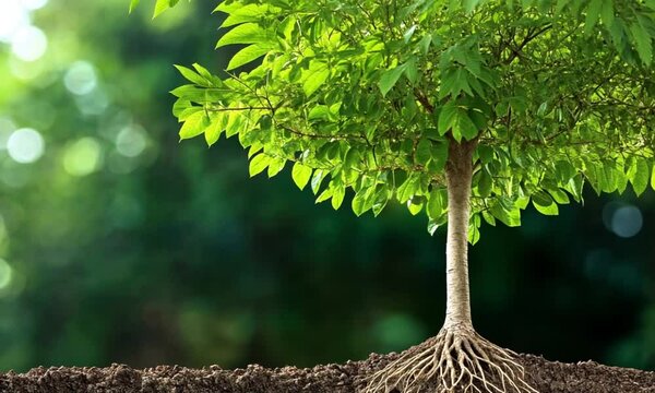 A green tree growing from the soil, showing a detailed view of the roots underground and the lush leaves above, with a blurred green natural background representing growth and nature.