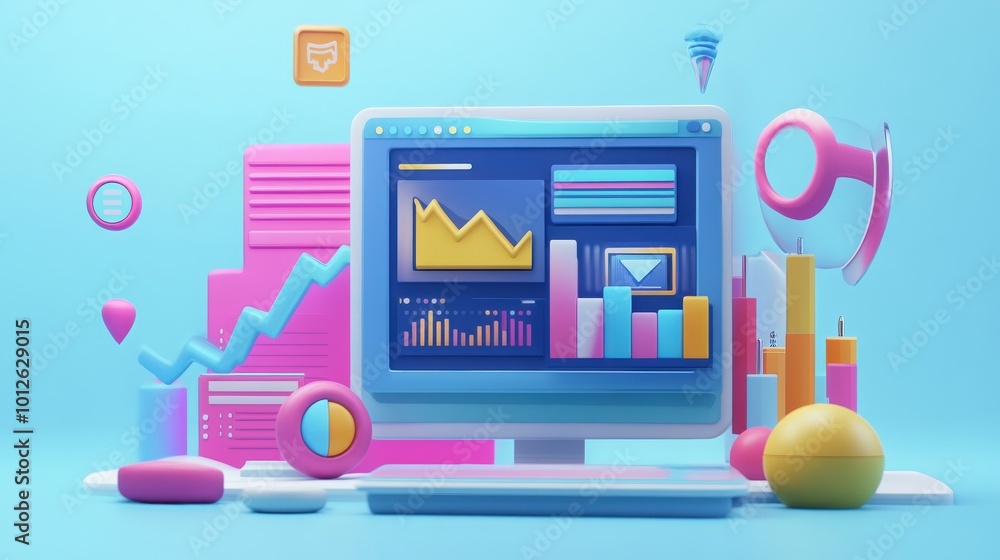 Poster render of a 3d seo optimization concept with web analytics visuals, digital marketing strategies, an