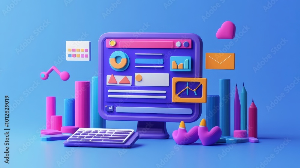 Aufkleber render of a 3d seo optimization concept with web analytics visuals, digital marketing strategies, an