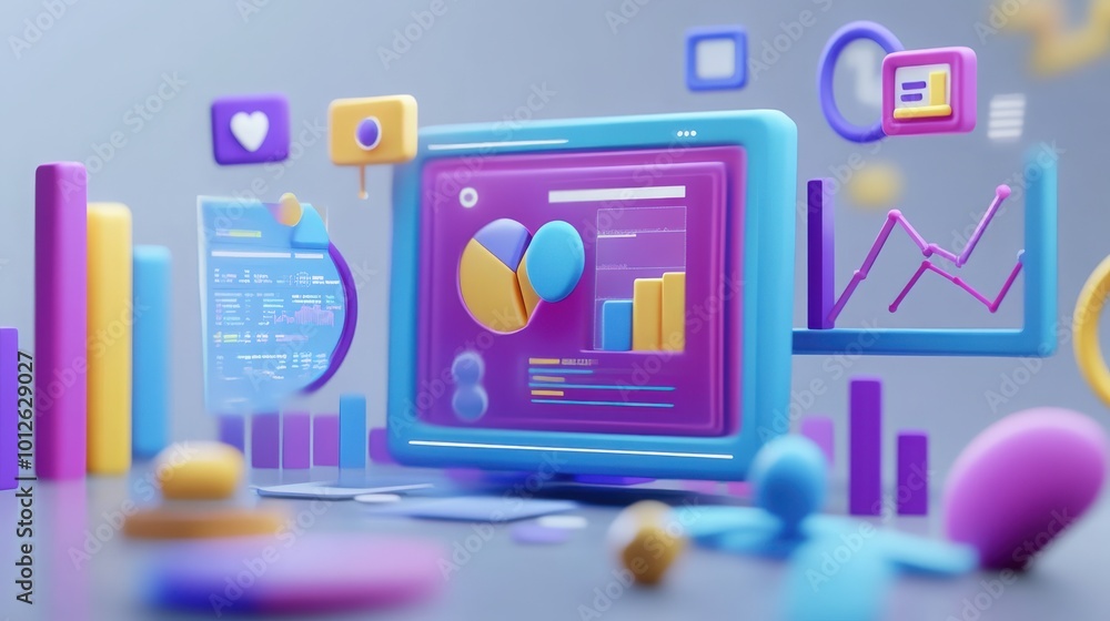 Poster render of a 3d seo optimization scene with web analytics visuals, marketing strategies, and data met