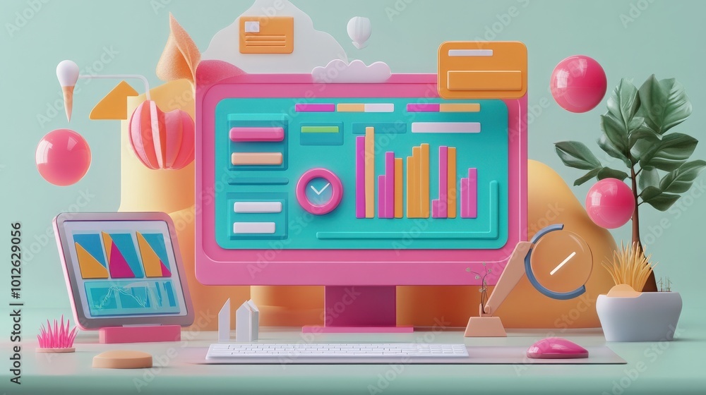 Poster render of a 3d seo optimization scene with web analytics visuals, marketing strategies, and data met