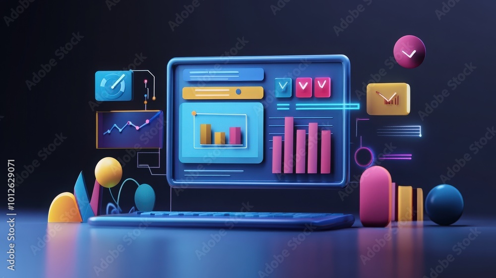 Poster render of a 3d seo optimization scene with web analytics visuals, marketing strategies, and data met